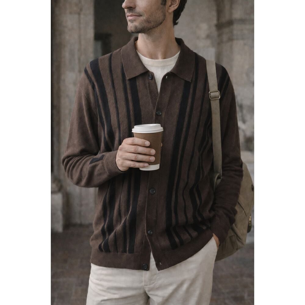 Christian Lacroix XL Espresso Brown Striped Knit Polo Cardigan NWT Old Money